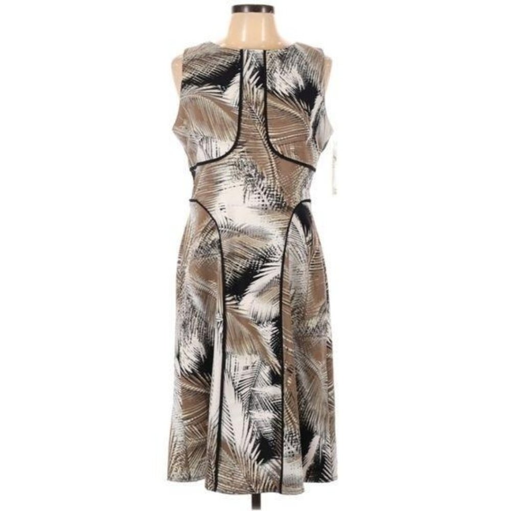 London Times Palm Print Sheath Dress 10 Black Piping Trim